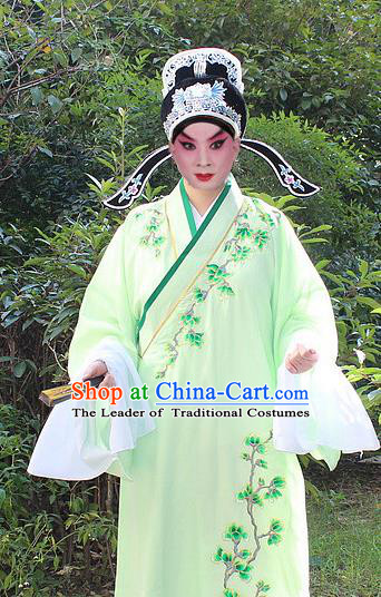 Traditional China Beijing Opera Niche Costume Lang Scholar Embroidered Robe and Headwear, Ancient Chinese Peking Opera Embroidery Green Xiucai Gwanbok Clothing