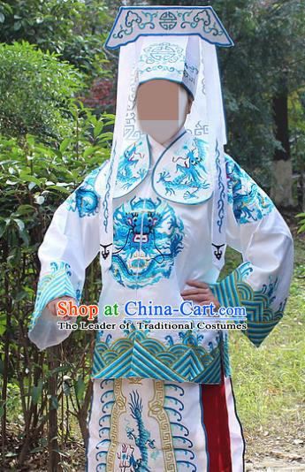 Traditional China Beijing Opera Takefu Costume Imperial Bodyguard White Embroidered Robe and Hat, Ancient Chinese Peking Opera Embroidery Gwanbok Clothing
