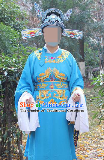 Traditional China Beijing Opera Niche Costume Lang Scholar Blue Embroidered Robe and Hat, Ancient Chinese Peking Opera Embroidery Emperor Son-in-law Gwanbok Clothing