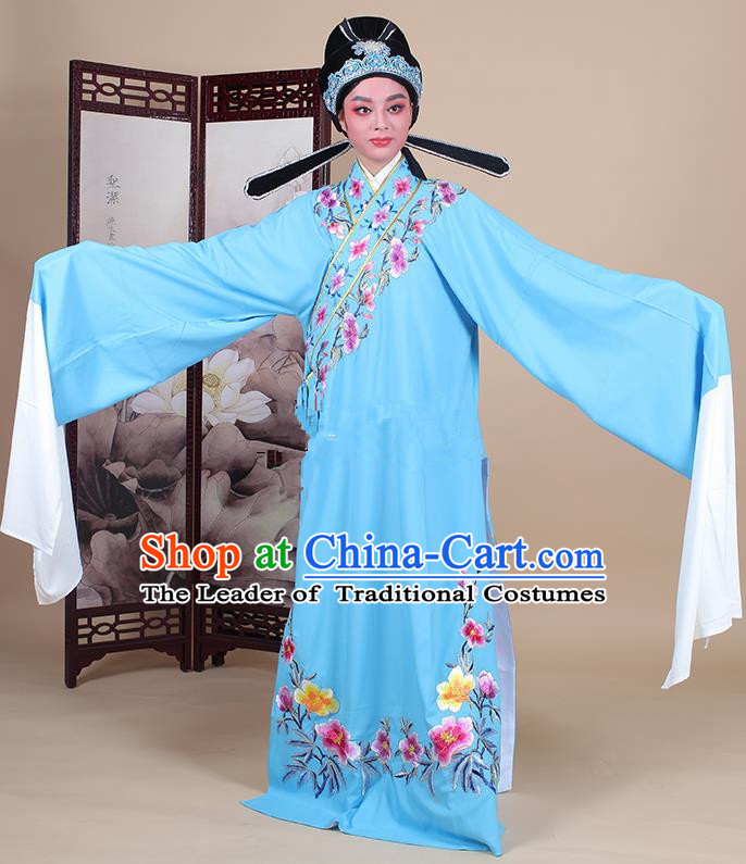 Traditional China Beijing Opera Niche Costume Lang Scholar Embroidered Deep Blue Robe and Headwear, Ancient Chinese Peking Opera Embroidery Clothing