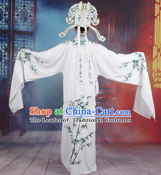 Traditional China Beijing Opera Niche Costume Gifted Scholar Embroidered Robe and Headwear, Ancient Chinese Peking Opera Embroidery Bamboo Clothing