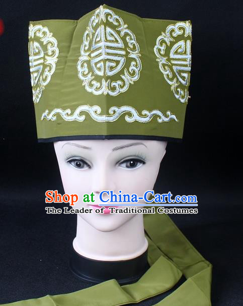Traditional China Beijing Opera Hair Accessories Lao-Sheng Hat, Ancient Chinese Peking Opera Embroidery Green Landlord Hat