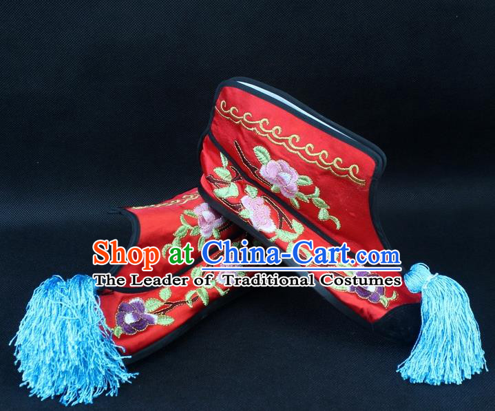 Traditional China Beijing Opera Female Warrior Embroidered Shoes, Ancient Chinese Peking Opera Blues Red Boots