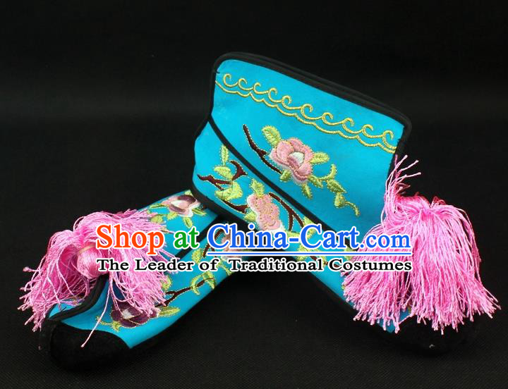 Traditional China Beijing Opera Female Warrior Embroidered Shoes, Ancient Chinese Peking Opera Blues Blue Boots
