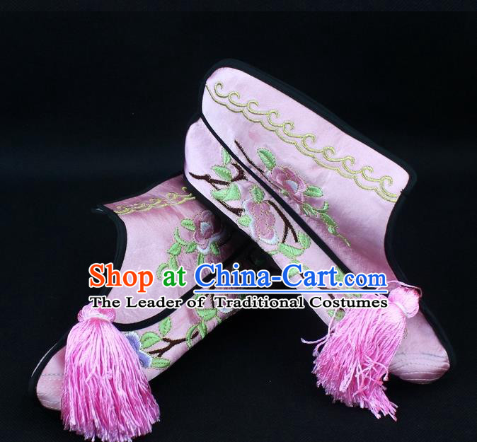 Traditional China Beijing Opera Female Warrior Embroidered Shoes, Ancient Chinese Peking Opera Blues Pink Boots