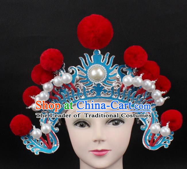 Traditional China Beijing Opera Hair Accessories Red Venonat General Hat, Ancient Chinese Peking Opera Takefu Helmet Headwear