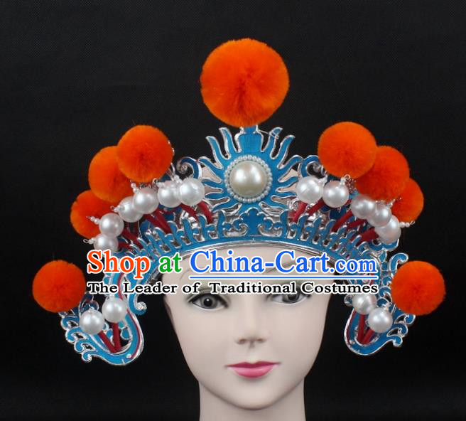 Traditional China Beijing Opera Hair Accessories Orange Venonat General Hat, Ancient Chinese Peking Opera Takefu Helmet Headwear