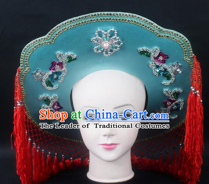 Traditional China Beijing Opera Hair Accessories Fisher-Woman Green Hat, Ancient Chinese Peking Opera Swordplay Helmet Headwear