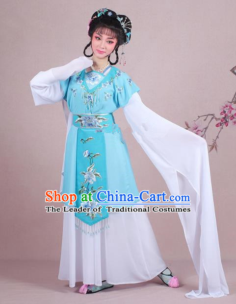 Traditional China Beijing Opera Young Lady Costume Embroidered Blue Servant Girl Dress, Ancient Chinese Peking Opera Diva Embroidery Peony Clothing