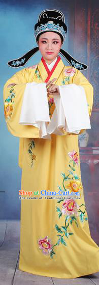 Traditional China Beijing Opera Niche Costume Gifted Scholar Yellow Embroidered Robe and Hat, Ancient Chinese Peking Opera Young Men Embroidery Peony Clothing