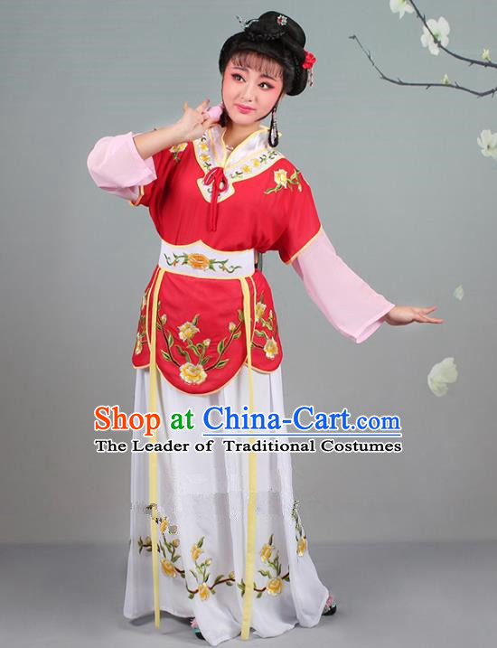 Traditional China Beijing Opera Young Lady Costume Servant Girl Embroidered Red Dress, Ancient Chinese Peking Opera Diva Jordan-Sitting Embroidery Clothing