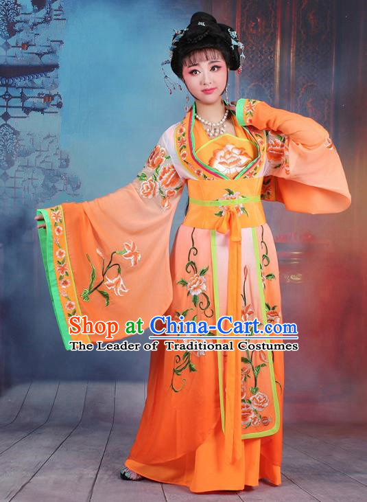 Traditional China Beijing Opera Palace Lady Hua Tan Costume Orange Embroidered Dress, Ancient Chinese Peking Opera Diva Princess Embroidery Clothing