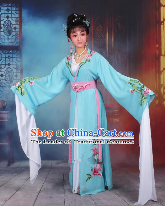 Traditional China Beijing Opera Young Lady Hua Tan Costume Princess Blue Embroidered Dress, Ancient Chinese Peking Opera Diva Embroidery Clothing