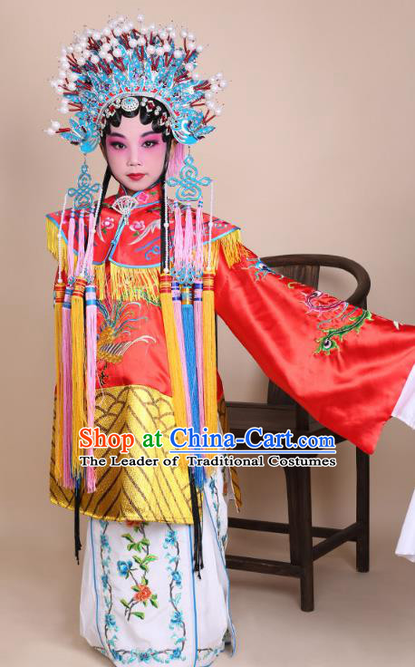 Traditional China Beijing Opera Palace Lady Costume Senior Concubine Embroidered Robe Dress, Ancient Chinese Peking Opera Diva Hua Tan Embroidery Clothing for Kids