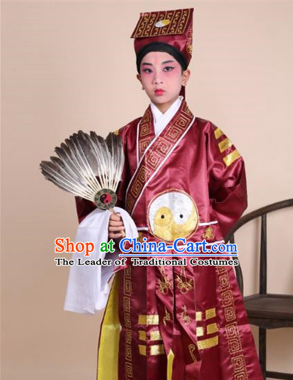 Traditional China Beijing Opera Zhuge Liang Costume Taoist Amaranth Embroidered Robe and Headwear, Ancient Chinese Peking Opera Taoism Embroidery Gossip Clothing for Kids