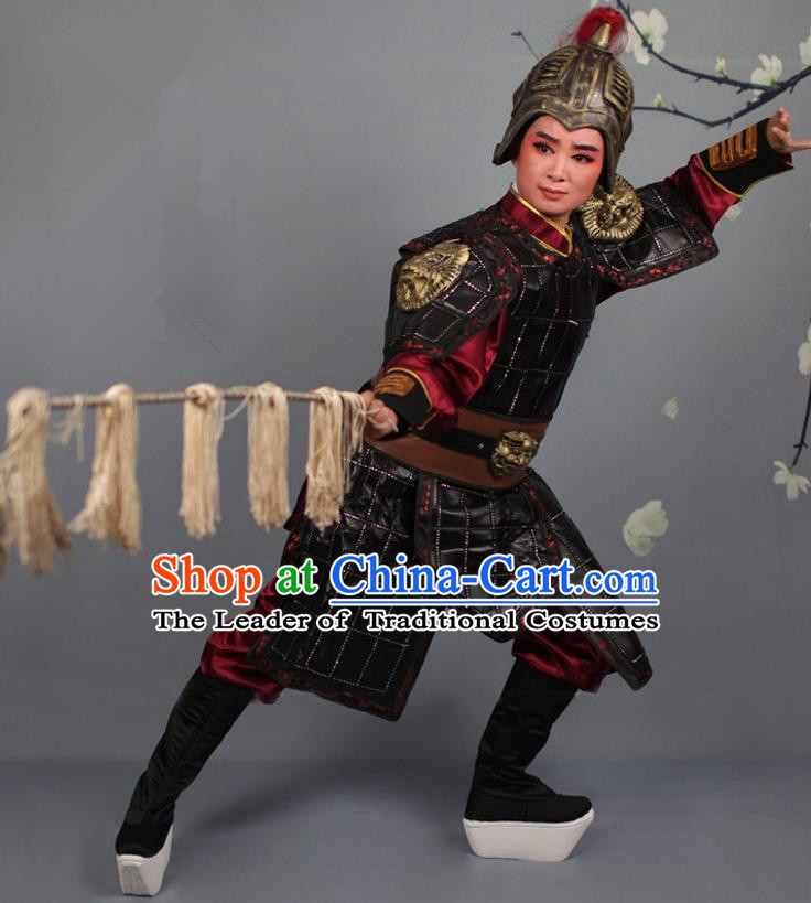 Traditional China Beijing Opera Swordplay Helmet and Armour Costume, Ancient Chinese Peking Opera Blues Female General Clothing