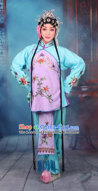 Top Grade Professional Beijing Opera Young Lady Costume Servant Girl Light Blue Embroidered Clothing, Traditional Ancient Chinese Peking Opera Maidservants Embroidery Clothing