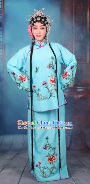 Top Grade Professional Beijing Opera Young Lady Costume Servant Girl Blue Embroidered Dress, Traditional Ancient Chinese Peking Opera Maidservants Embroidery Peony Clothing
