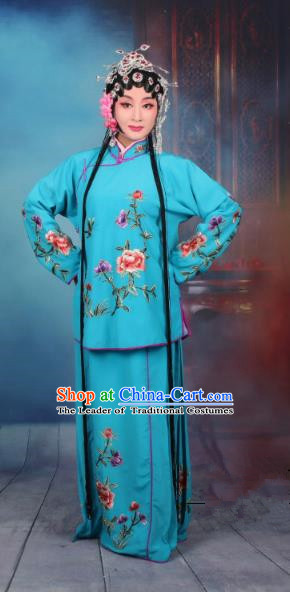 Top Grade Professional Beijing Opera Young Lady Costume Servant Girl Deep Blue Embroidered Dress, Traditional Ancient Chinese Peking Opera Maidservants Embroidery Peony Clothing