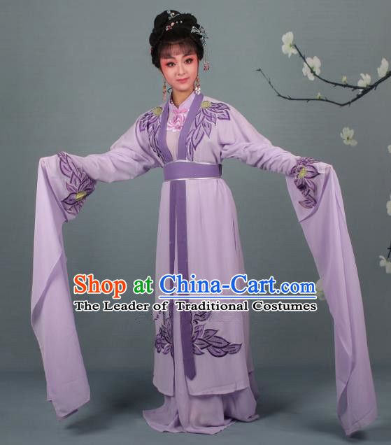 Top Grade Professional Beijing Opera Palace Lady Costume Hua Tan Purple Water Sleeve Embroidered Clothing, Traditional Ancient Chinese Peking Opera Diva Embroidery Lotus Clothing
