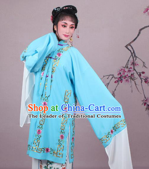 Top Grade Professional Beijing Opera Female Role Costume Blue Embroidered Cape, Traditional Ancient Chinese Peking Opera Diva Embroidery Clothing