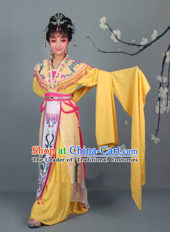 Top Grade Professional Beijing Opera Palace Lady Costume Hua Tan Yellow Embroidered Dress, Traditional Ancient Chinese Peking Opera Diva Embroidery Phoenix Clothing