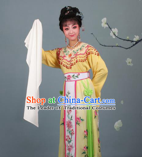 Top Grade Professional Beijing Opera Palace Lady Costume Hua Tan Yellow Embroidered Dress, Traditional Ancient Chinese Peking Opera Diva Embroidery Peony Clothing