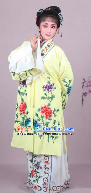 Top Grade Professional Beijing Opera Female Role Costume Imperial Concubine Yellow Embroidered Cape, Traditional Ancient Chinese Peking Opera Diva Embroidery Peony Clothing