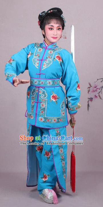 Traditional China Beijing Opera Swordplay Costume Embroidered Blue Clothing, Ancient Chinese Peking Opera Blues Female General Embroidery Dress Clothing
