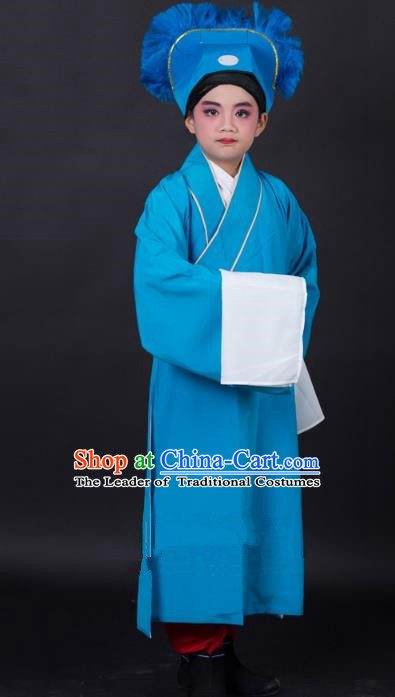 Traditional China Beijing Opera Niche Costume Scholar Blue Robe and Headwear, Ancient Chinese Peking Opera Young Men Clothing for Kids