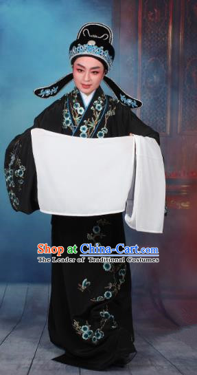 Top Grade Professional Beijing Opera Niche Costume Gifted Scholar Black Embroidered Robe, Traditional Ancient Chinese Peking Opera Embroidery Wintersweet Clothing