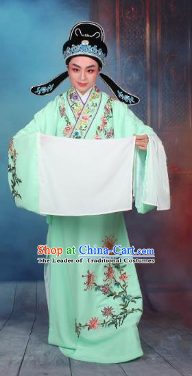 Top Grade Professional Beijing Opera Niche Costume Gifted Scholar Green Embroidered Robe, Traditional Ancient Chinese Peking Opera Young Men Embroidery Chrysanthemum Clothing