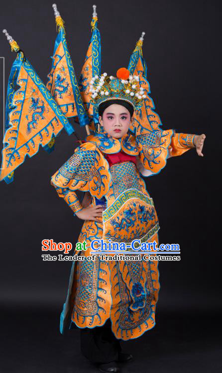 Traditional China Beijing Opera Takefu General Costume and Headwear Complete Set, Ancient Chinese Peking Opera Wu-Sheng Military Officer Embroidery Yellow Clothing for Kids