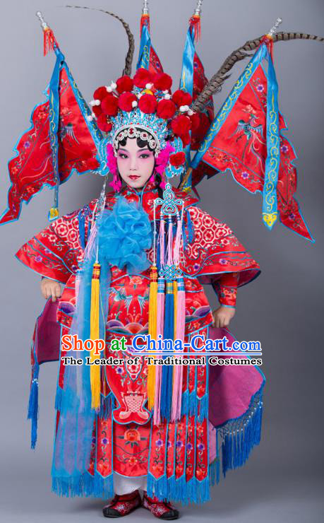 Traditional China Beijing Opera Female General Costume and Headwear Complete Set, Ancient Chinese Peking Opera Swordplay Military Officer Embroidery Red Clothing for Kids