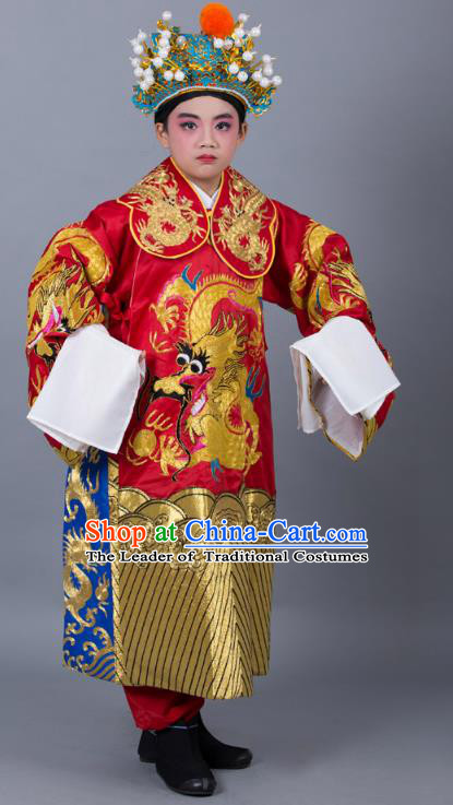 Traditional China Beijing Opera Costume Prime Minister Red Embroidered Robe and Headwear, Ancient Chinese Peking Opera Bao Zheng Embroidery Dragon Gwanbok Clothing for Kids