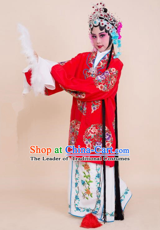 Top Grade Professional China Beijing Opera Costume Red Embroidered Cape, Ancient Chinese Peking Opera Diva Hua Tan Embroidery Peony Dress Clothing for Kids