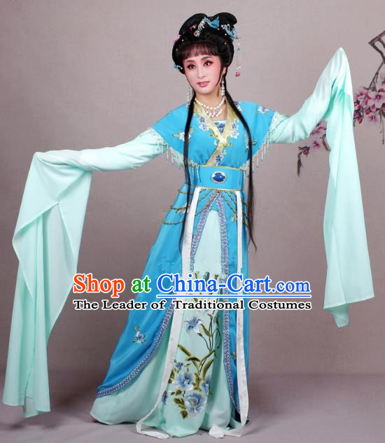 Top Grade Professional Beijing Opera Diva Costume Blue Embroidered Clothing, Traditional Ancient Chinese Peking Opera Hua Tan Princess Embroidery Dress