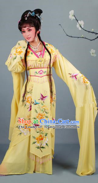 Top Grade Professional Beijing Opera Diva Ancient Costume Yellow Embroidered Clothing, Traditional Chinese Peking Opera Hua Tan Princess Embroidery Dress
