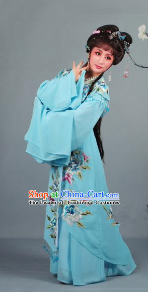 Top Grade Professional Beijing Opera Diva Ancient Costume Blue Embroidered Clothing, Traditional Chinese Peking Opera Hua Tan Princess Embroidery Dress