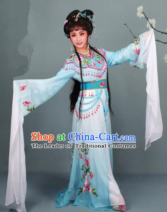 Top Grade Professional Beijing Opera Diva Costume Hua Tan Blue Embroidered Clothing, Traditional Ancient Chinese Peking Opera Princess Embroidery Dress