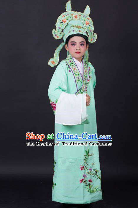Top Grade Professional Beijing Opera Niche Costume Gifted Scholar Green Embroidered Robe and Headwear, Traditional Ancient Chinese Peking Opera Embroidery Clothing for Kids