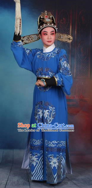 Top Grade Professional Beijing Opera Niche Costume General Blue Embroidered Robe and Headwear, Traditional Ancient Chinese Peking Opera Takefu Clothing