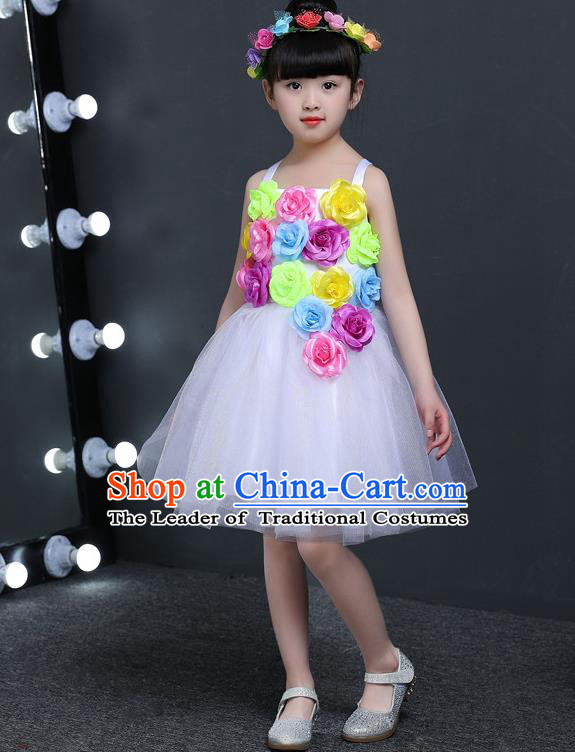 Top Grade Chinese Professional Performance Catwalks Costume, Children Princess Flowers White Veil Dress Modern Dance Clothing for Girls Kids