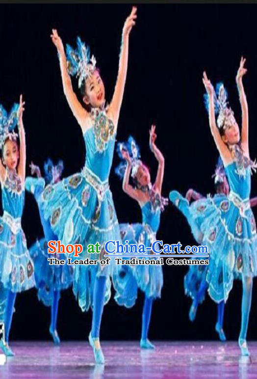 Traditional Indian Classical Dai Nationality Dance Costume, China Peacock Dance Clothing Blue Uniform for Kids