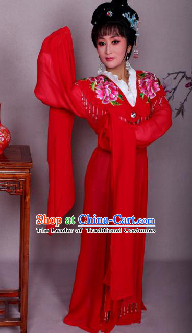Top Grade Professional Beijing Opera Hua Tan Costume Palace Lady Red Embroidered Peony Dress, Traditional Ancient Chinese Peking Opera Diva Princess Embroidery Clothing