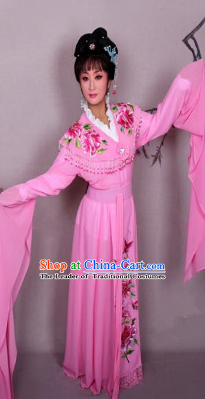 Top Grade Professional Beijing Opera Hua Tan Costume Palace Lady Pink Embroidered Peony Dress, Traditional Ancient Chinese Peking Opera Diva Princess Embroidery Clothing