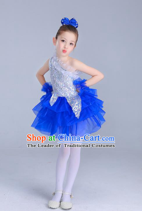 Top Grade Chinese Professional Performance Catwalks Costume, Children Princess Bubble Blue Full Dress Modern Dance Paillette Dress for Girls Kids