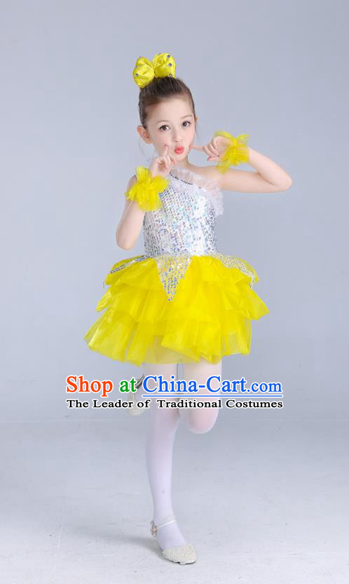 Top Grade Chinese Professional Performance Catwalks Costume, Children Princess Bubble Yellow Full Dress Modern Dance Paillette Dress for Girls Kids