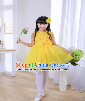 Top Grade Chinese Professional Performance Chorus Catwalks Costume, Children Yellow Veil Bubble Full Dress Modern Dance Dress for Girls Kids
