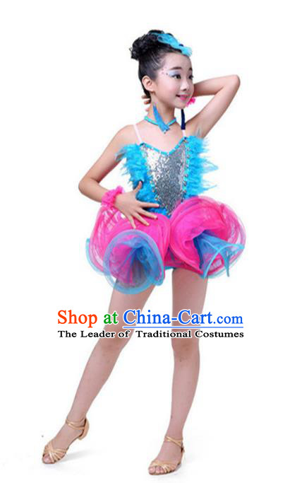 Top Grade Chinese Compere Professional Performance Catwalks Costume, Children Latin Dance Tassel Uniform Modern Dance Blue Clothing for Girls Kids